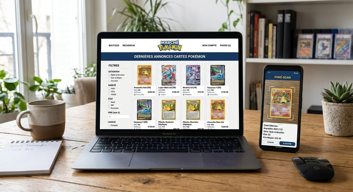 Outils en ligne pour estimer la valeur d'une carte Pokémon Écran d'ordinateur affichant une interface de cotation de cartes Pokémon sur Cardmarket