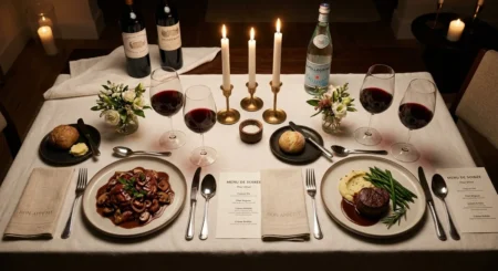 Quoi cuisiner pour un premier rendez-vous chez soi ? Table dressée pour un dîner romantique premier rendez-vous chez soi bougies et plats faits maison