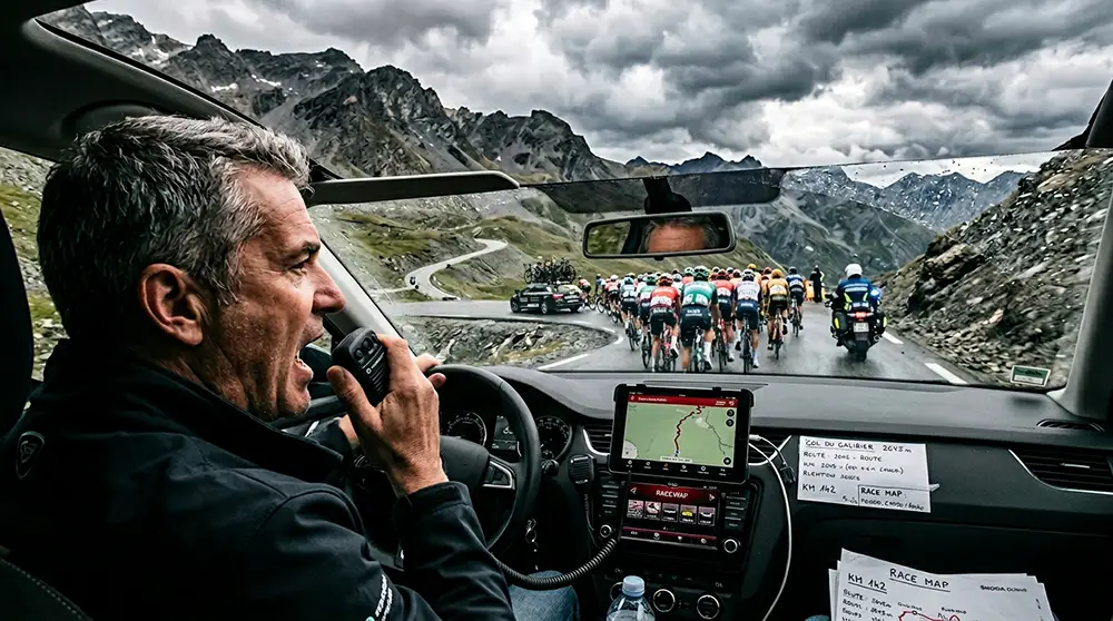 Directeur sportif communiquant par radio depuis la voiture suiveuse lors d'une étape de montagne dans le peloton professionnel