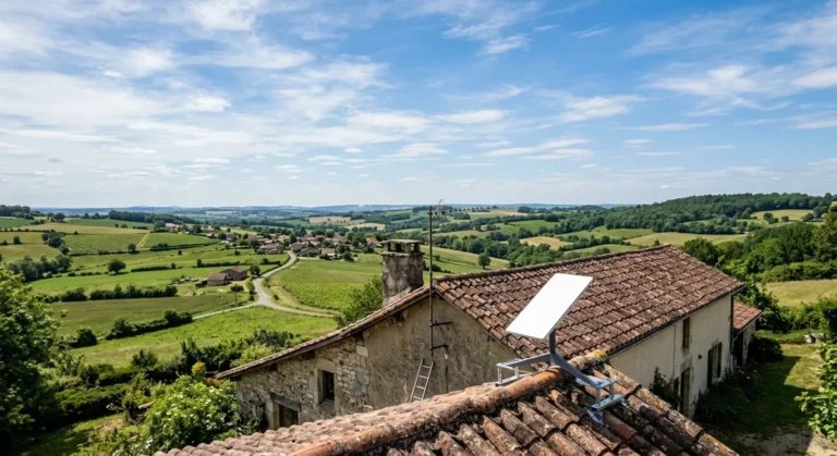 Starlink en France : test, prix et couverture satellite en 2026 Antenne parabolique Starlink installée sur un toit en France avec ciel dégagé
