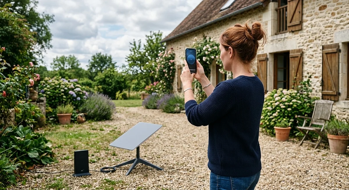 Installation du kit Starlink avec routeur et application mobile Installation du kit Starlink comprenant l'antenne, le routeur Wi-Fi et l'application smartphone