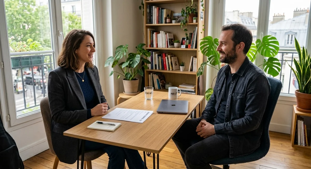 Réussir sa transition professionnelle d'une grande entreprise vers une PME Jeune cadre en entretien dans une petite entreprise innovante après avoir quitté un grand groupe