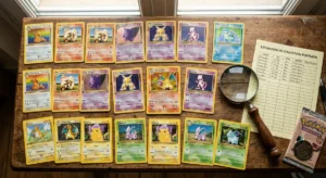 Valeur carte Pokémon : comment savoir si la vôtre vaut quelque chose Collection de cartes Pokémon rares étalées sur une table avec loupe et grille d'estimation