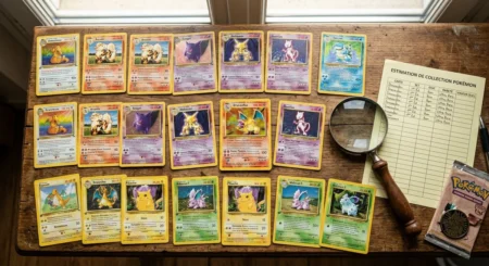 Valeur carte Pokémon : comment savoir si la vôtre vaut quelque chose Collection de cartes Pokémon rares étalées sur une table avec loupe et grille d'estimation