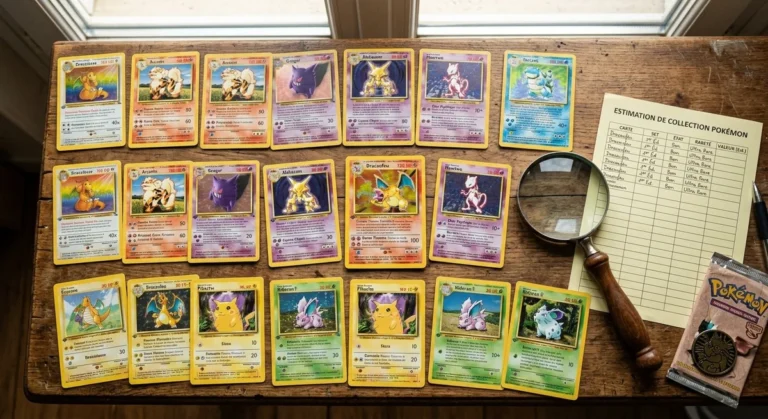 Valeur carte Pokémon : comment savoir si la vôtre vaut quelque chose Collection de cartes Pokémon rares étalées sur une table avec loupe et grille d'estimation