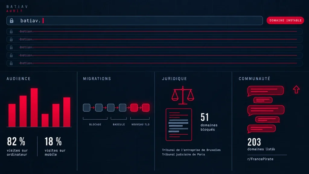 Dashboard audit Batiav : audience, migrations, blocages juridiques et activité communautaire