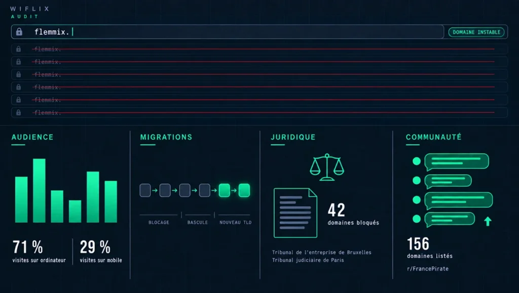 Wiflix / Flemmix nouvelle adresse : historique, alertes et statut en septembre 2026 Tableau de bord infographique de l'audit Wiflix / Flemmix montrant l'audience, les migrations de domaines, les blocages juridiques et l'activité communautaire