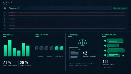 Wiflix / Flemmix nouvelle adresse : historique, alertes et statut en septembre 2026 Tableau de bord infographique de l'audit Wiflix / Flemmix montrant l'audience, les migrations de domaines, les blocages juridiques et l'activité communautaire