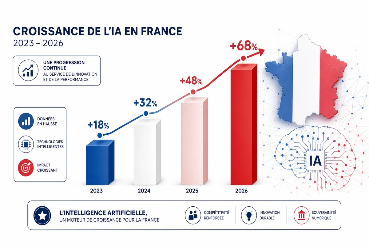 Adoption de l'IA par les TPE-PME françaises en 2026 Graphique montrant la progression de l'adoption de l'IA générative dans les TPE et PME françaises entre 2023 et 2026