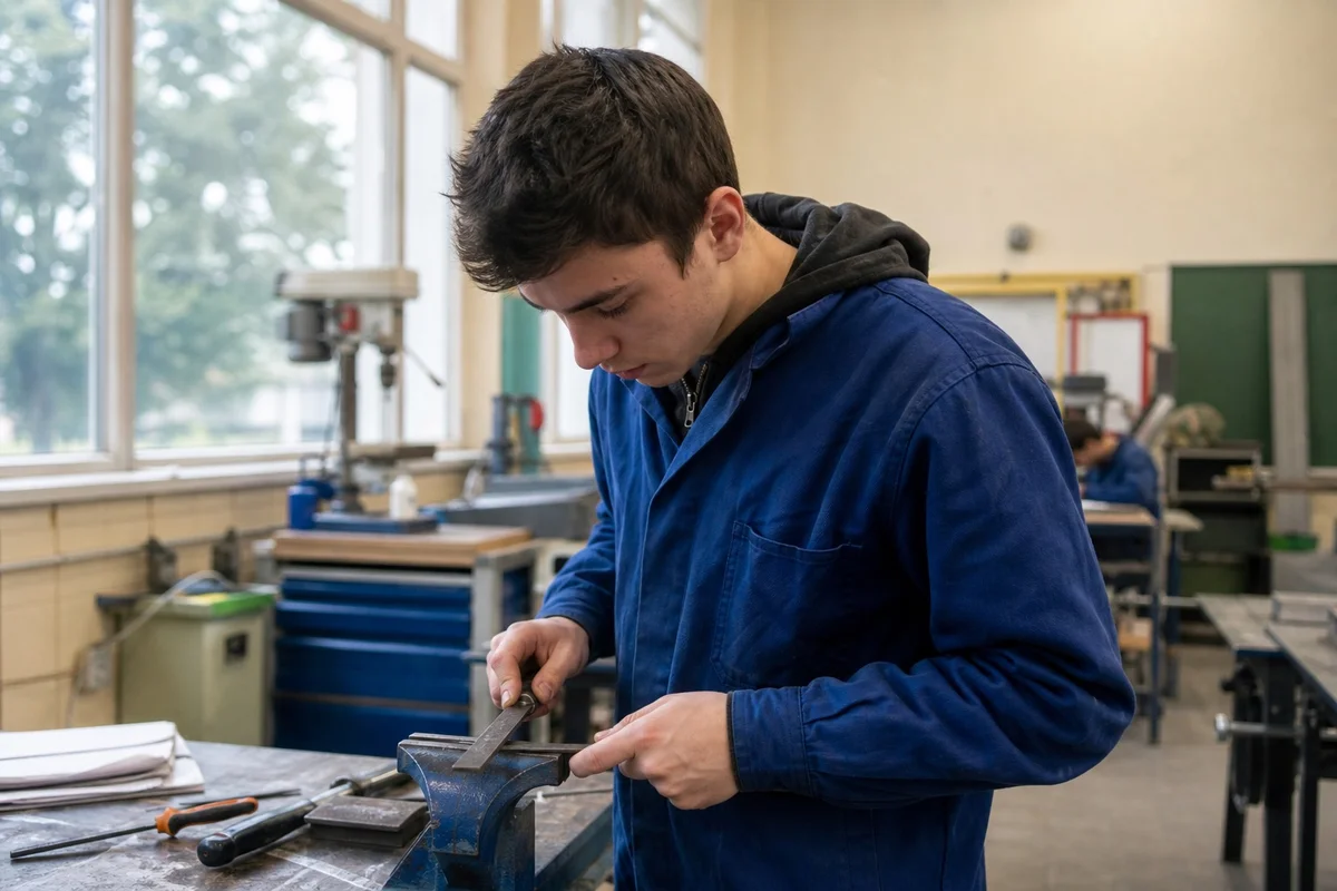 Alternance et lycée professionnel — insertion professionnelle des jeunes Jeune apprenti en tenue de travail dans un atelier de lycée professionnel en France