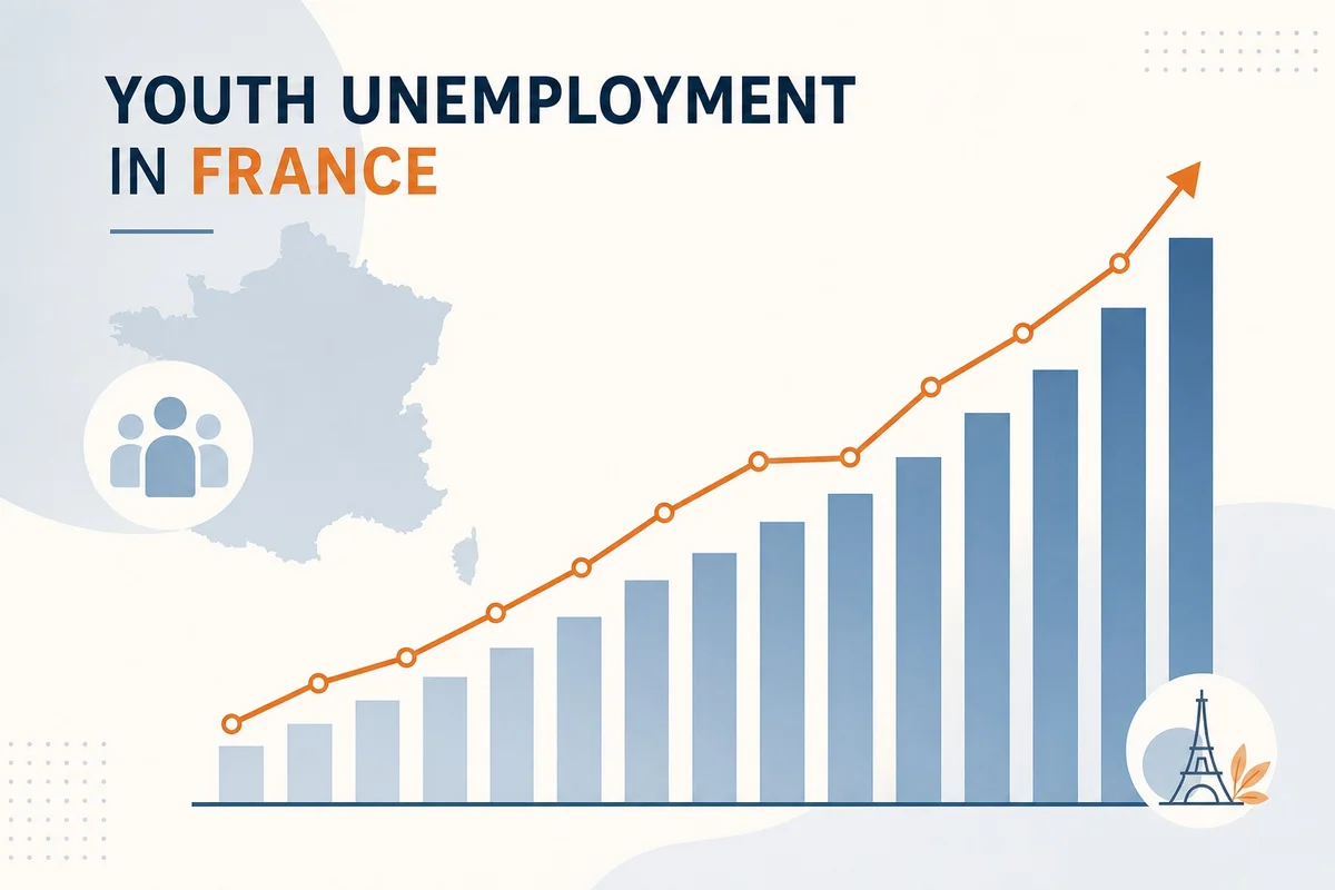Taux de chômage des jeunes en France — données 2025-2026 Graphique illustrant la hausse du chômage des 15-24 ans en France entre 2023 et 2025