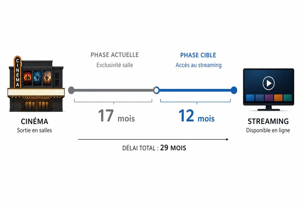 Chronologie des médias France délai diffusion streaming films salles Frise chronologique illustrant le délai de 17 mois puis 12 mois entre sortie cinéma et streaming en France