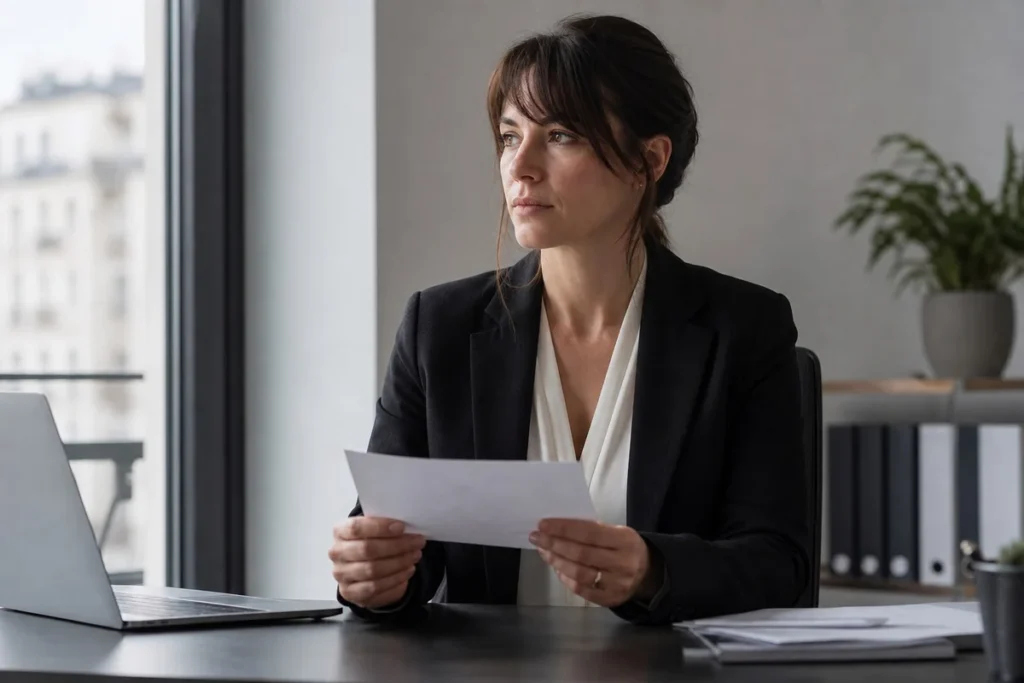 Démission pour reconversion professionnelle : les 5 conditions exactes pour toucher le chômage en 2026 Salarié devant son bureau regardant une lettre de démission, symbole de reconversion professionnelle et chômage