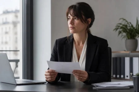 Démission pour reconversion professionnelle : les 5 conditions exactes pour toucher le chômage en 2026 Salarié devant son bureau regardant une lettre de démission, symbole de reconversion professionnelle et chômage