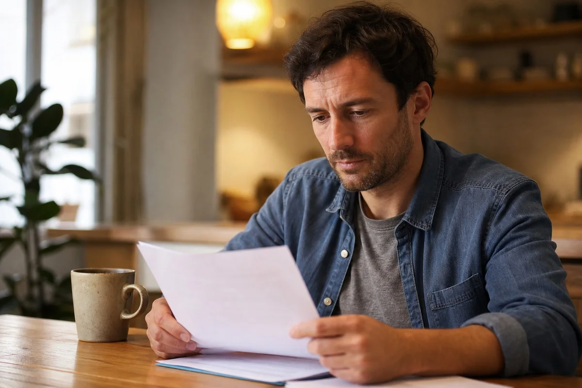 Dispositif démission-reconversion CDI France Travail 2026 Salarié en CDI consultant un document sur le dispositif démission reconversion France Travail