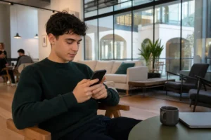 « Emploi futur » : l’appli gouvernementale qui veut révolutionner l’insertion des jeunes — on l’a décryptée pour vous Jeune consultant l'application 1JeuneDesSolutions sur smartphone dans un espace de coworking en France