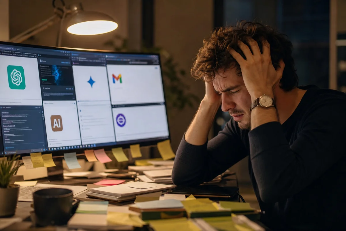 Erreurs fréquentes pour lancer une activité en ligne avec l'IA Entrepreneur français perplexe face à plusieurs onglets d'outils IA ouverts sur son écran, illustrant la dispersion et les erreurs classiques