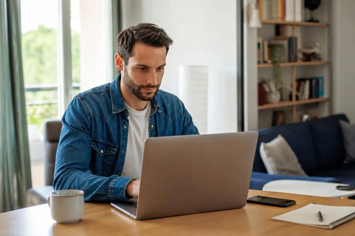 Inscription France Travail demande ARE après démission reconversion Personne s'inscrivant à France Travail sur ordinateur pour demander l'ARE après démission reconversion