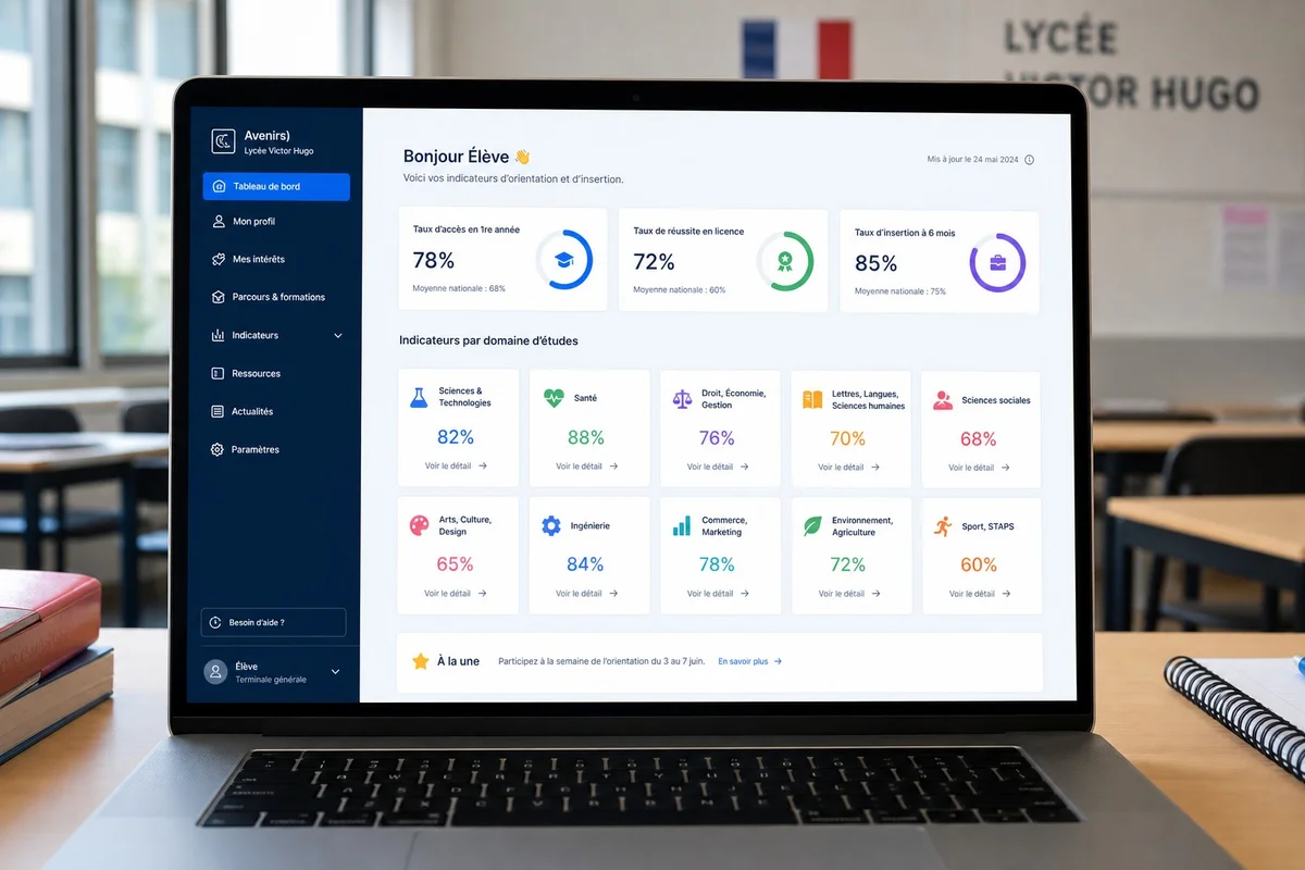 InserScore — indicateur de débouchés professionnels par formation Interface numérique montrant l'indicateur InserScore avec données d'insertion et salaire médian par formation