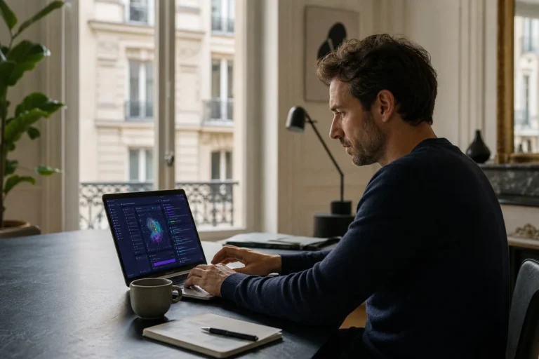 Entrepreneur français devant son ordinateur portable utilisant des outils d'IA pour lancer son activité en ligne en 2026