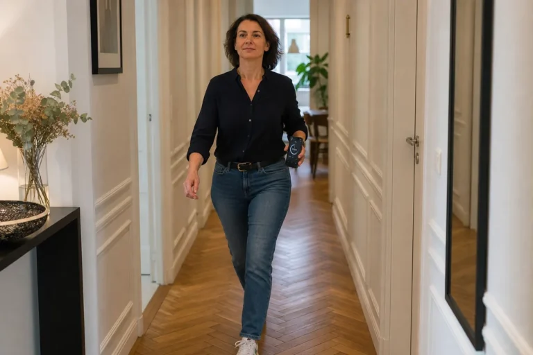 Femme pratiquant la marche japonaise en intérieur dans un couloir, chronomètre en main