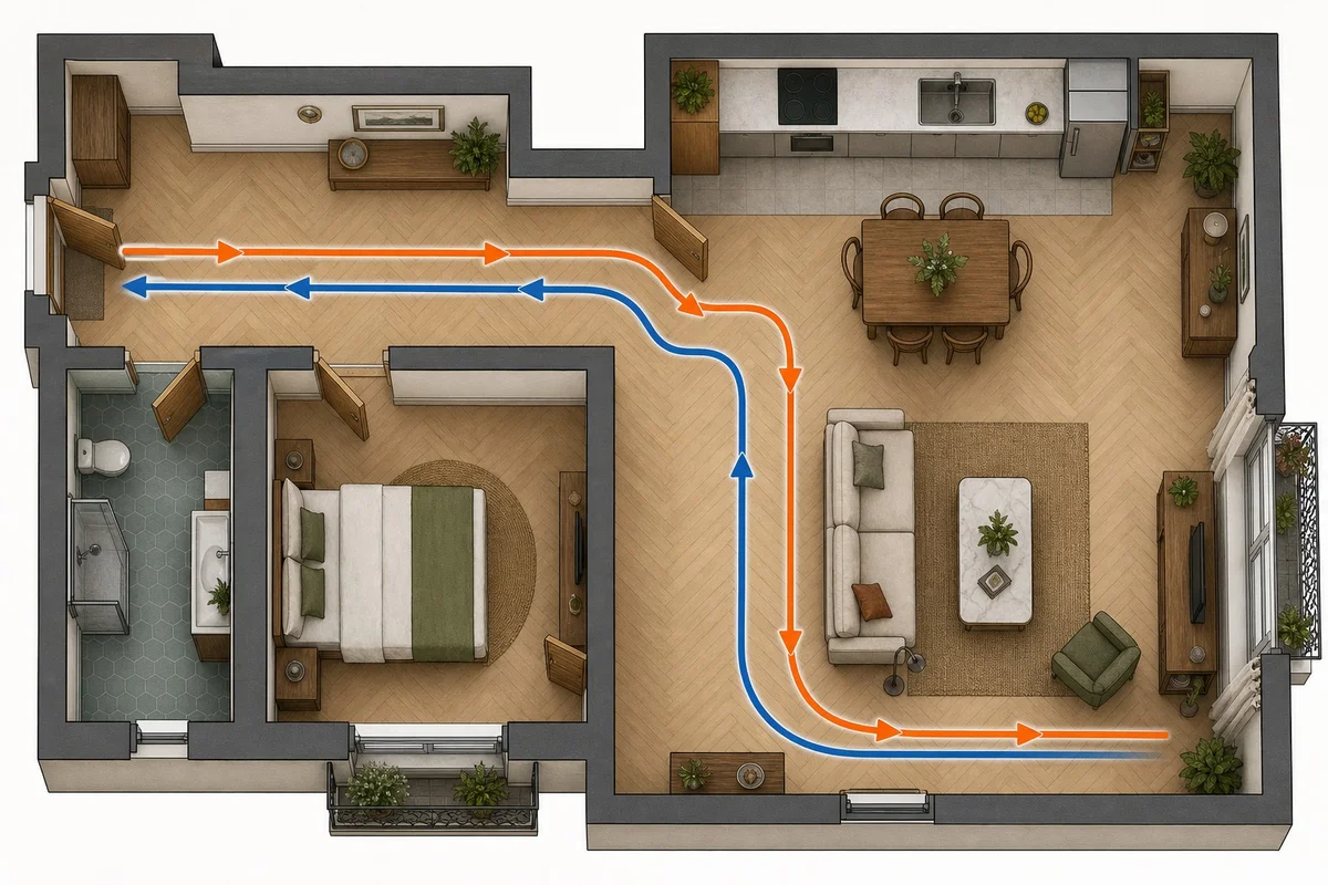 Marche japonaise en intérieur – configuration couloir et pièces en enfilade Vue aérienne d'un appartement français avec flèches indiquant le parcours de marche en aller-retour dans le couloir et le salon