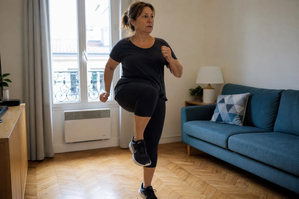 Marche japonaise en intérieur – marche sur place pour petits espaces Femme marchant sur place dans un salon français, genoux levés haut pour la phase rapide de la marche japonaise en intérieur