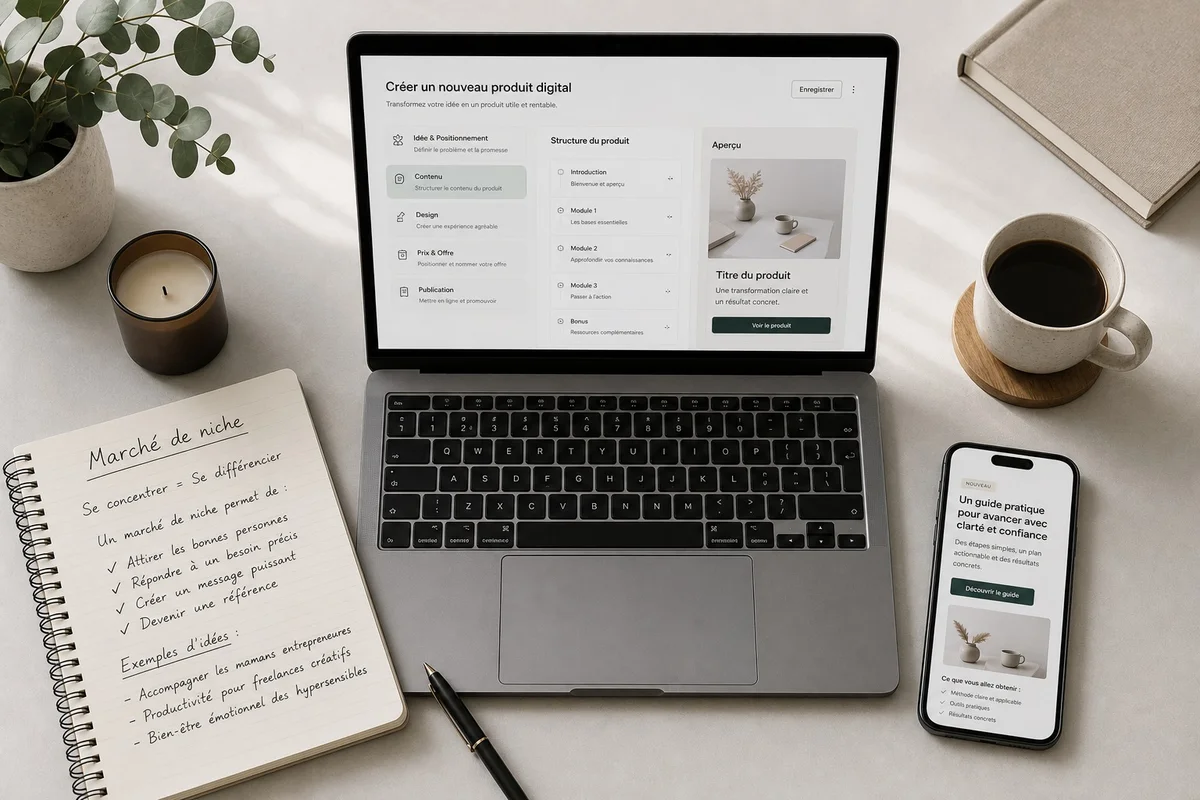 Créer et vendre un micro-produit numérique avec l'IA Personne créant un produit numérique comme un template ou une formation en ligne avec un outil d'IA sur son ordinateur