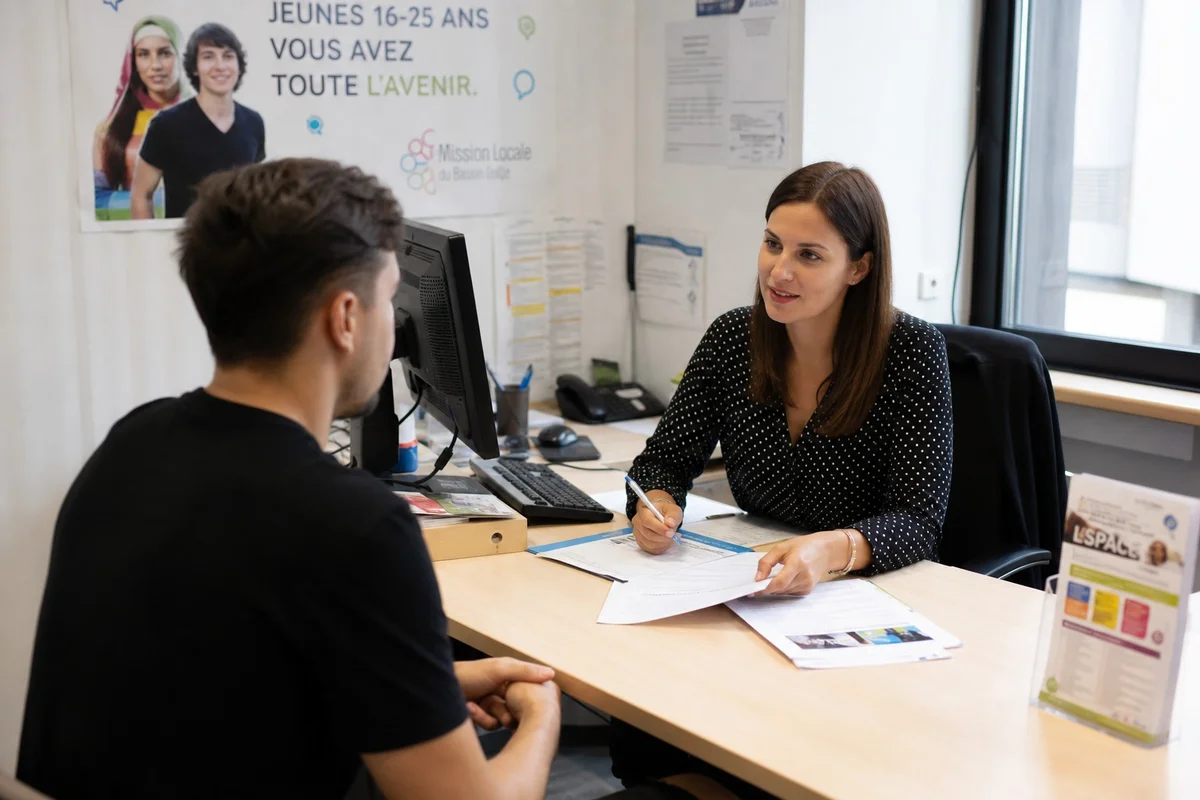 Mission locale — accompagnement des jeunes NEET vers l'emploi Conseiller d'une mission locale accompagnant un jeune en entretien d'orientation professionnelle