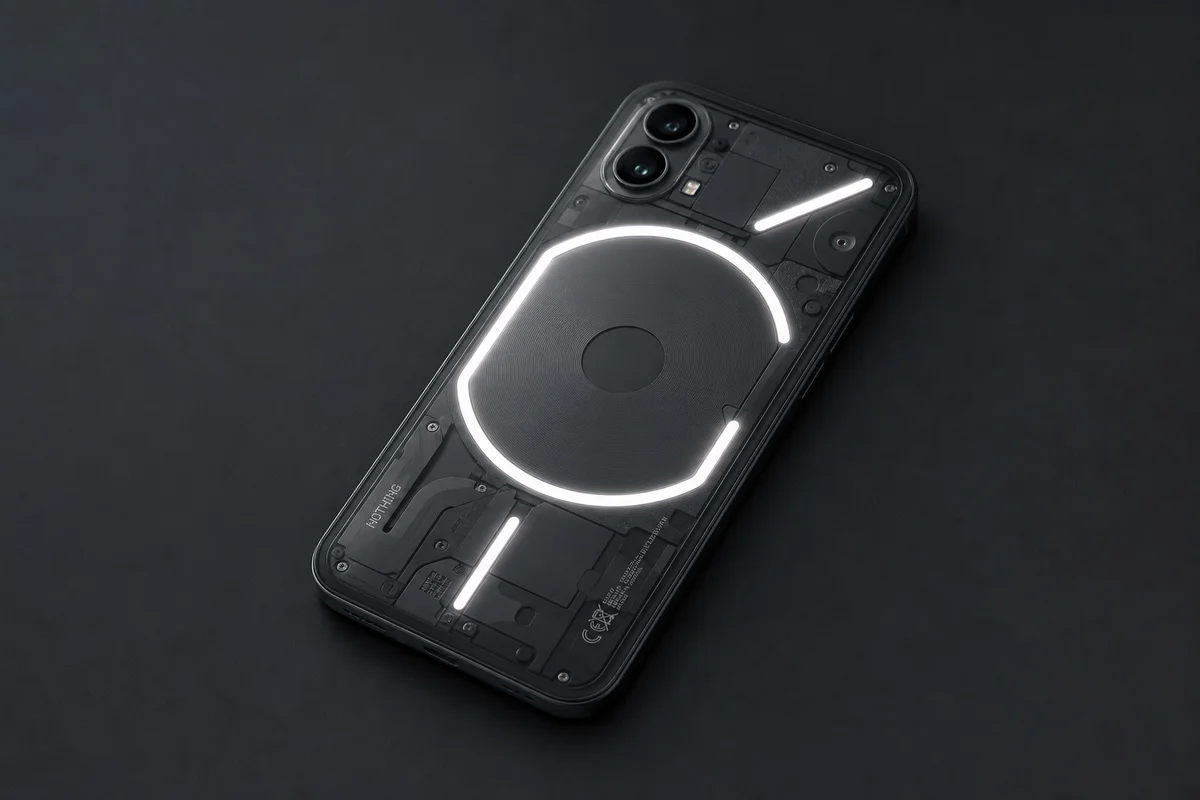 Nothing Phone 3a design transparent Glyph LED rapport qualité-prix Nothing Phone 3a vu de dos avec son interface Glyph LED allumée et sa coque transparente distinctive