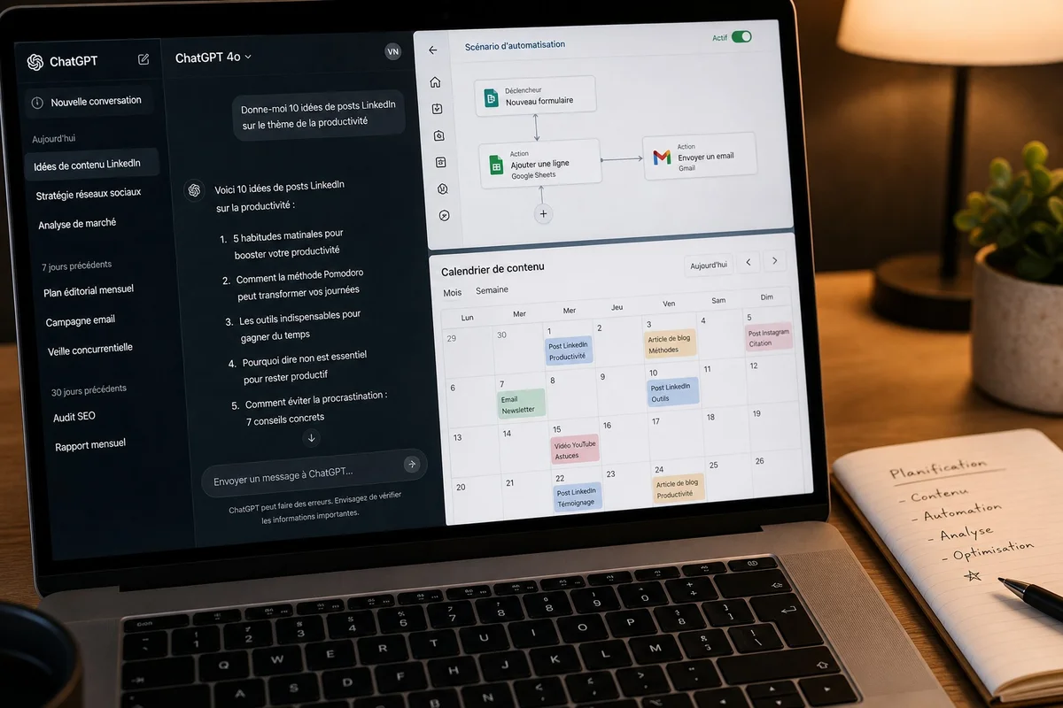 Outils IA pour freelances et indépendants en France Écran d'ordinateur affichant des outils d'IA comme ChatGPT, Make et Notion utilisés par un freelance pour automatiser son activité en ligne