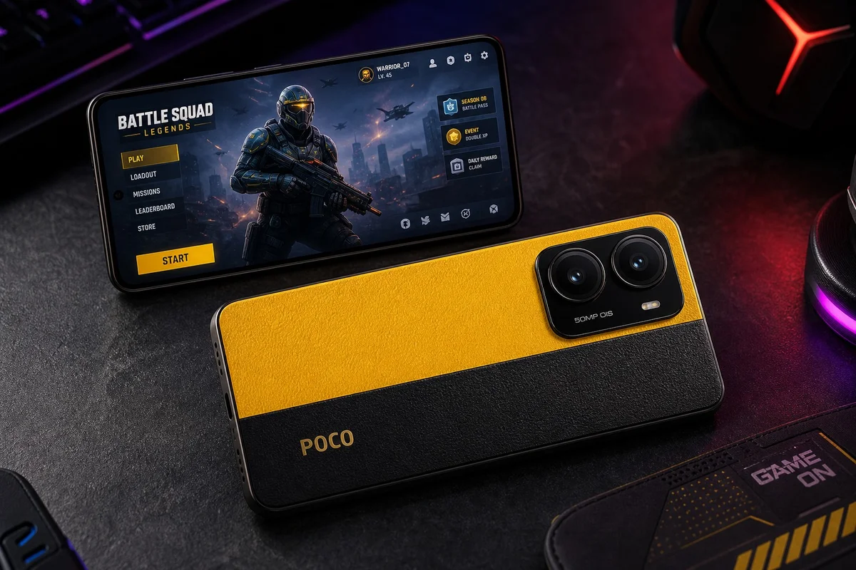 Poco X7 Pro smartphone gaming puissant sous 400 euros 2026 Poco X7 Pro en coloris jaune et noir posé sur un bureau gaming avec écran AMOLED allumé