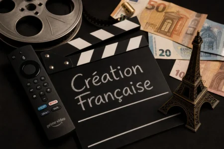 90 millions d’euros d’Amazon dans le cinéma français : ce que ça va changer pour les séries et films dispo sur Prime Video Logo Prime Video sur fond de cinéma français avec billets d'euros et clap de tournage