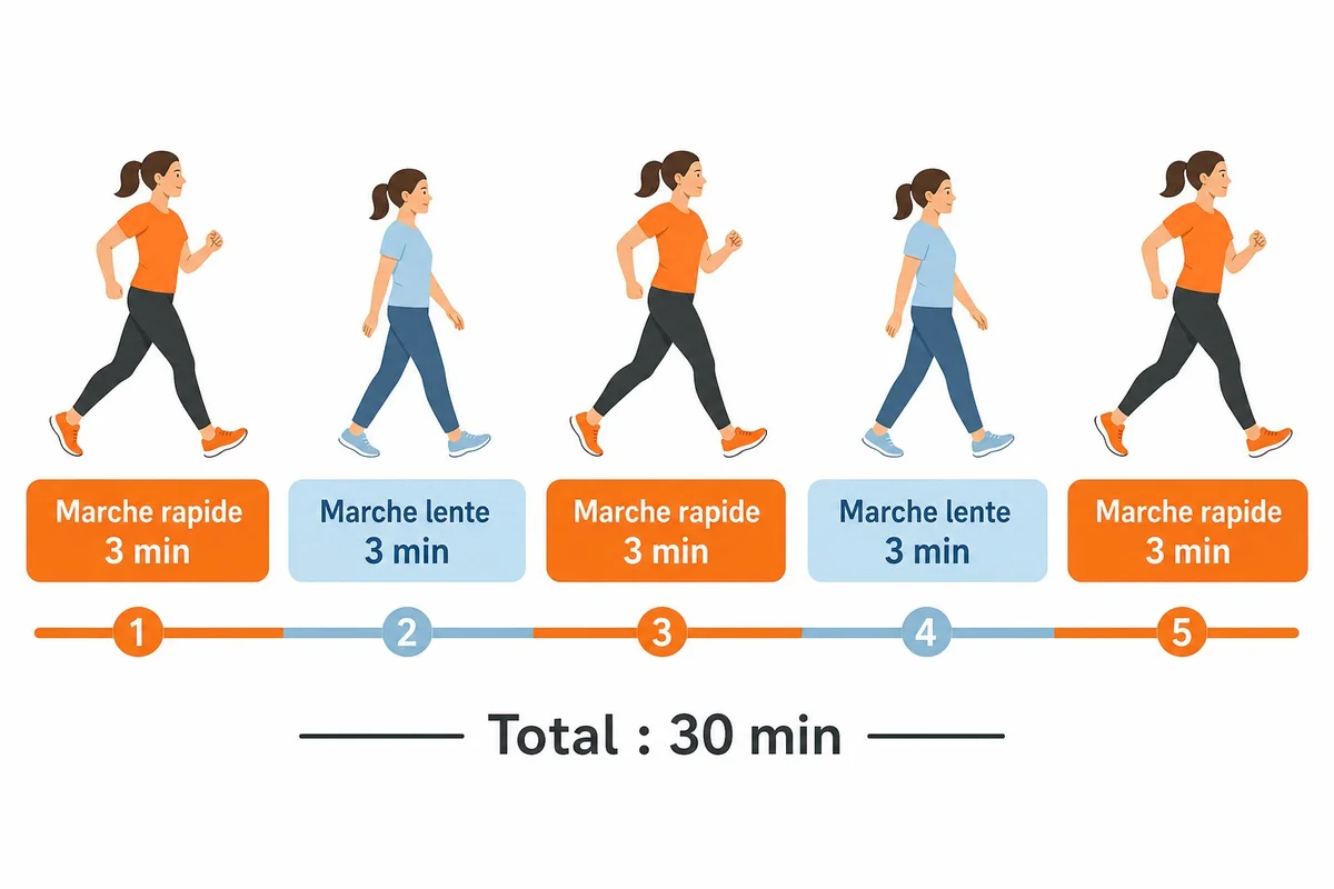 Protocole IWT marche japonaise – cycles de 3 minutes alternés Schéma illustrant les 5 cycles de 3 minutes de la marche japonaise IWT, marche rapide et lente alternées