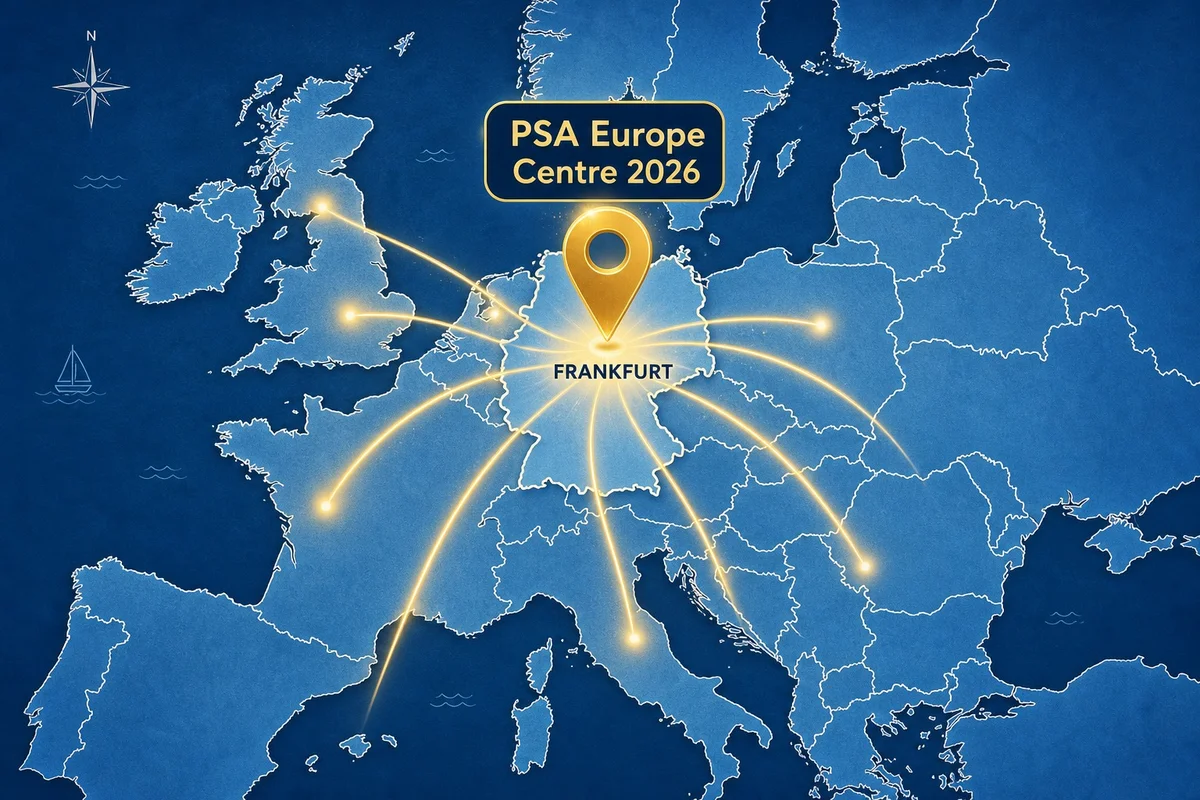 Centre PSA Europe à Francfort — ouverture été 2026 Carte de l'Europe avec un repère sur Francfort indiquant l'emplacement du centre de gradation PSA Europe 2026