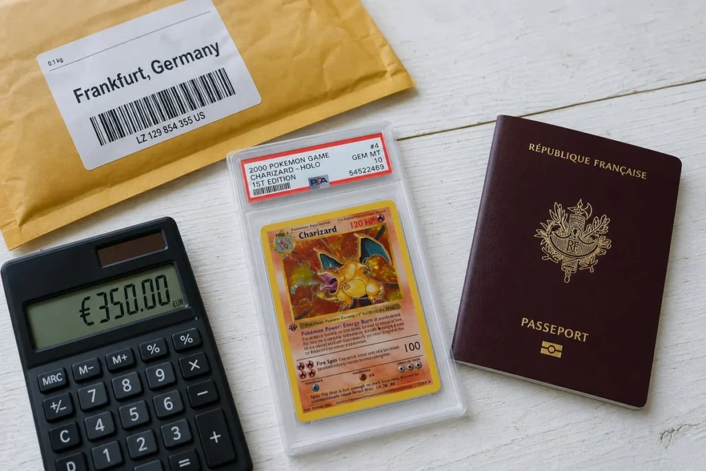 Carte Pokémon Dracaufeu dans un slab PSA 10 posée sur une table avec une enveloppe d'envoi international