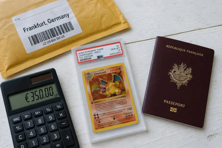 Carte Pokémon Dracaufeu dans un slab PSA 10 posée sur une table avec une enveloppe d'envoi international