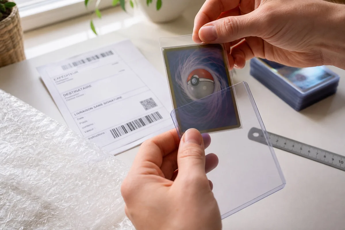 Préparer l'envoi d'une carte Pokémon à PSA depuis la France — sleeve et toploader Carte Pokémon protégée dans une sleeve et un toploader avant envoi à PSA depuis la France