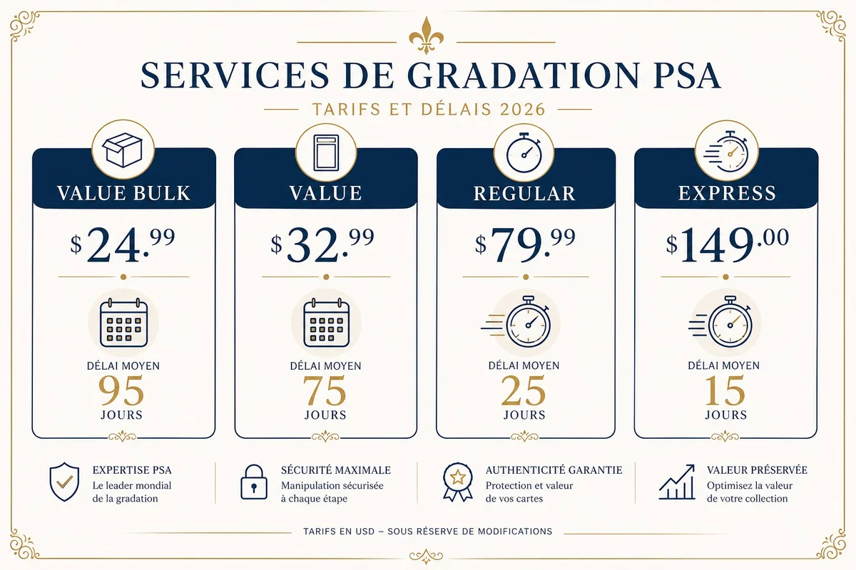 Tableau des tiers PSA et tarifs 2026 — Value, Regular, Express Tableau illustré des niveaux de service PSA en 2026 avec les tarifs en dollars et les délais de traitement