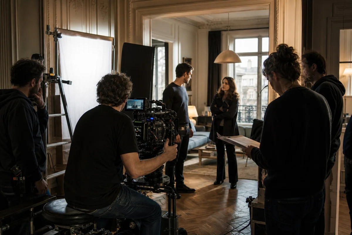 Séries et films français produits par Prime Video en France 2026 Équipe de tournage sur un plateau de série française avec caméra et lumières professionnelles