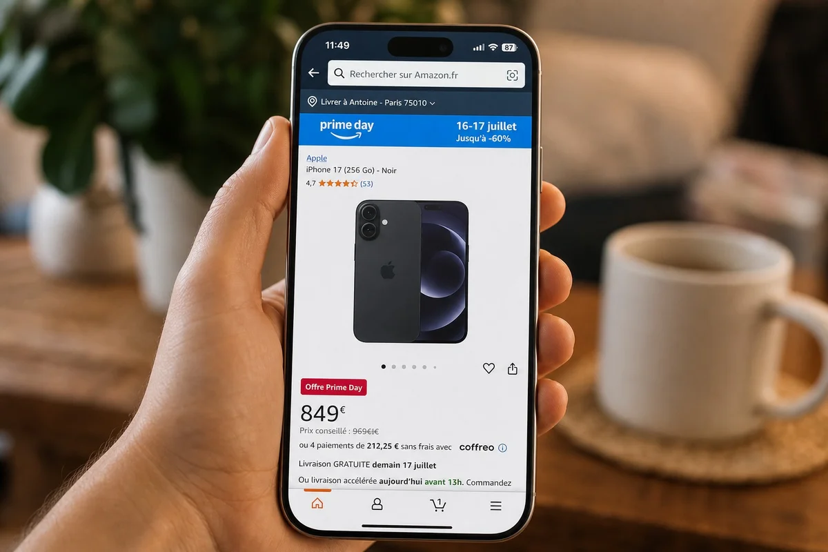 Conditions d'achat iPhone 17 en promotion sur Amazon Prime Day Application Amazon sur smartphone avec offre iPhone 17 Prime Day et badge membre Prime