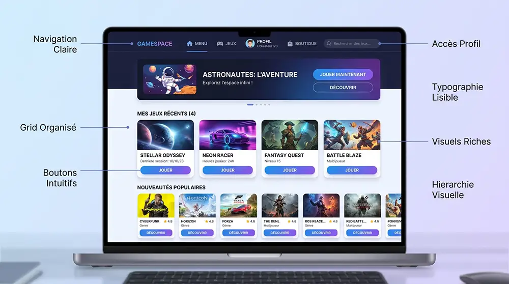 Interface utilisateur bien organisée d'une plateforme de jeu en ligne montrant navigation claire, menus intuitifs et design UX optimisé