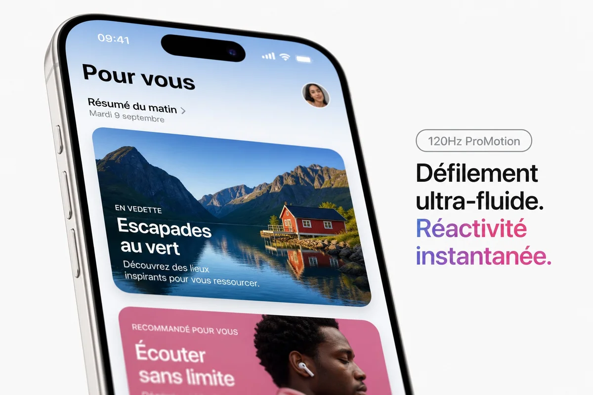 Écran ProMotion 120 Hz de l'iPhone 17 — nouveauté du modèle standard Écran OLED 6,3 pouces ProMotion 120 Hz de l'iPhone 17 affiché en gros plan