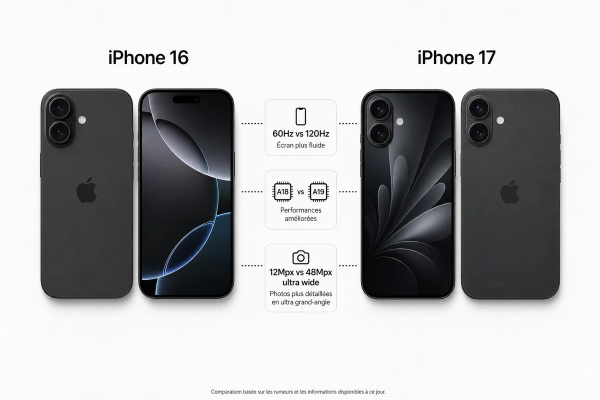 Comparatif iPhone 17 vs iPhone 16 — les vraies différences Comparatif côte à côte iPhone 16 et iPhone 17 montrant les différences d'écran et de caméra