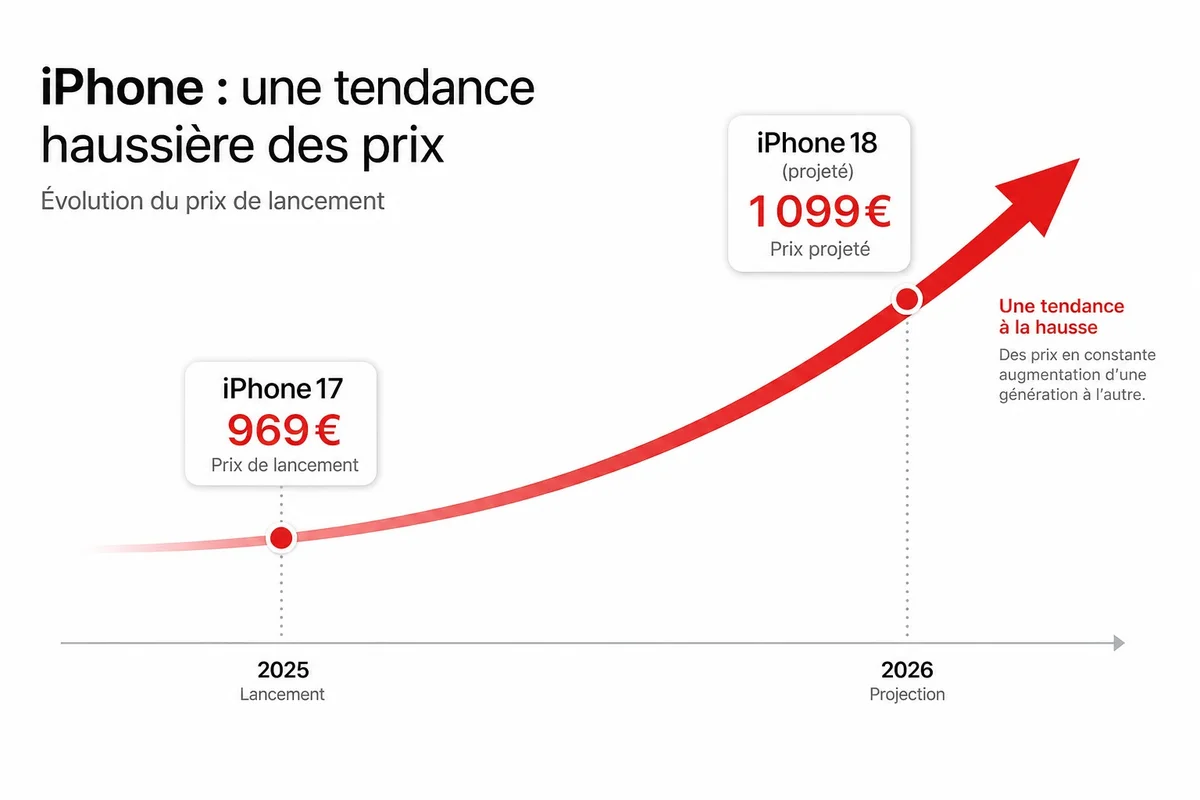 Hausse de prix prévue sur l'iPhone 18 en septembre 2026 Graphique illustrant la hausse de prix attendue sur l'iPhone 18 par rapport à l'iPhone 17 en France