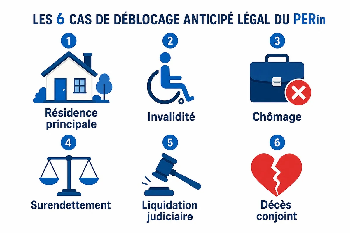 Les 6 cas de déblocage anticipé du PERin en 2026 Illustration des six cas légaux de déblocage anticipé du Plan d'Épargne Retraite individuel en France en 2026