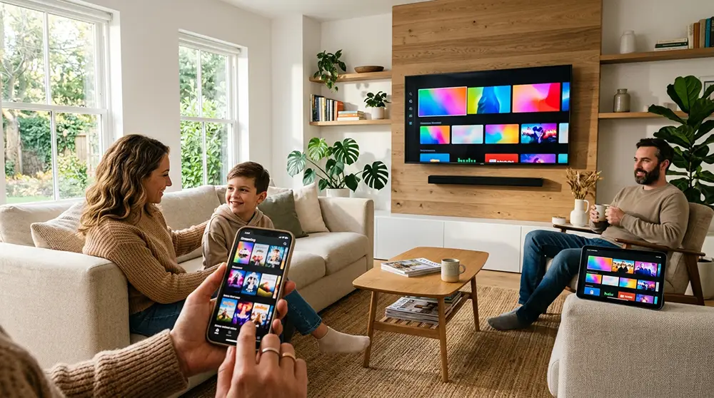 Famille regardant Un si grand soleil en streaming sur Smart TV, tablette et smartphone via Molotov TV