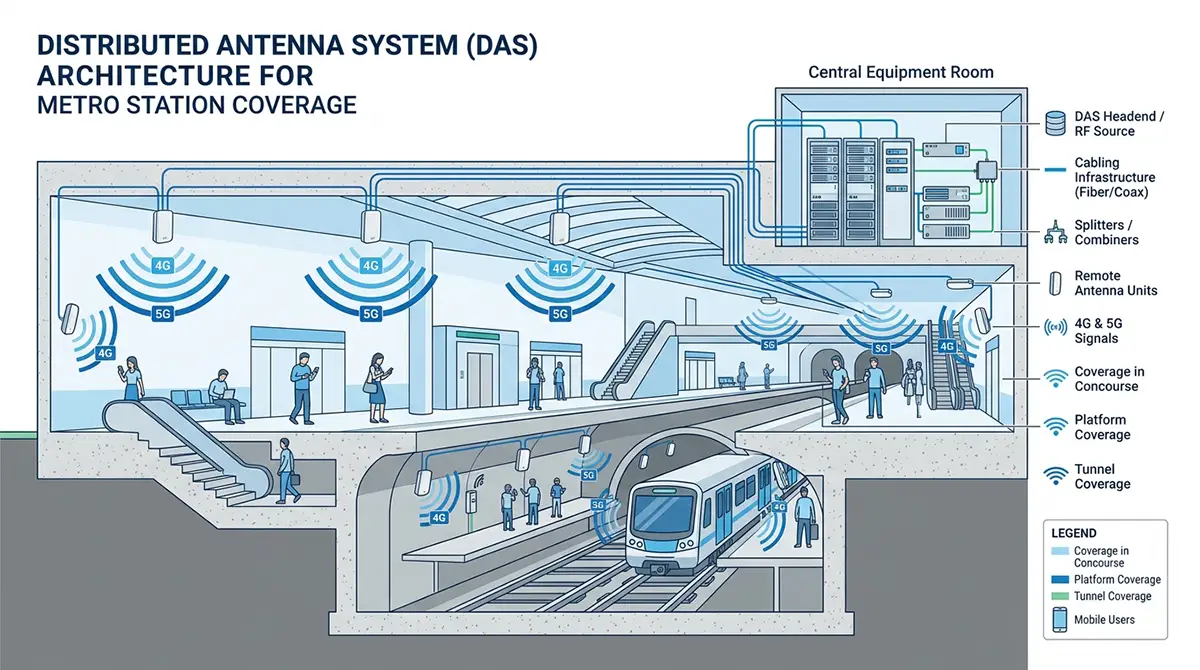 Schéma technique d'un système DAS (Distributed Antenna System) déployé dans une station de métro souterraine pour la couverture 4G-5G