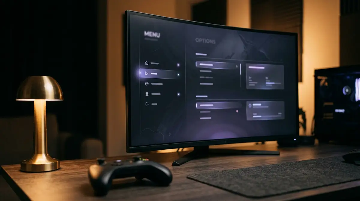 Interface de menu de jeu vidéo minimaliste et élégante sur écran gaming avec design UI invisible