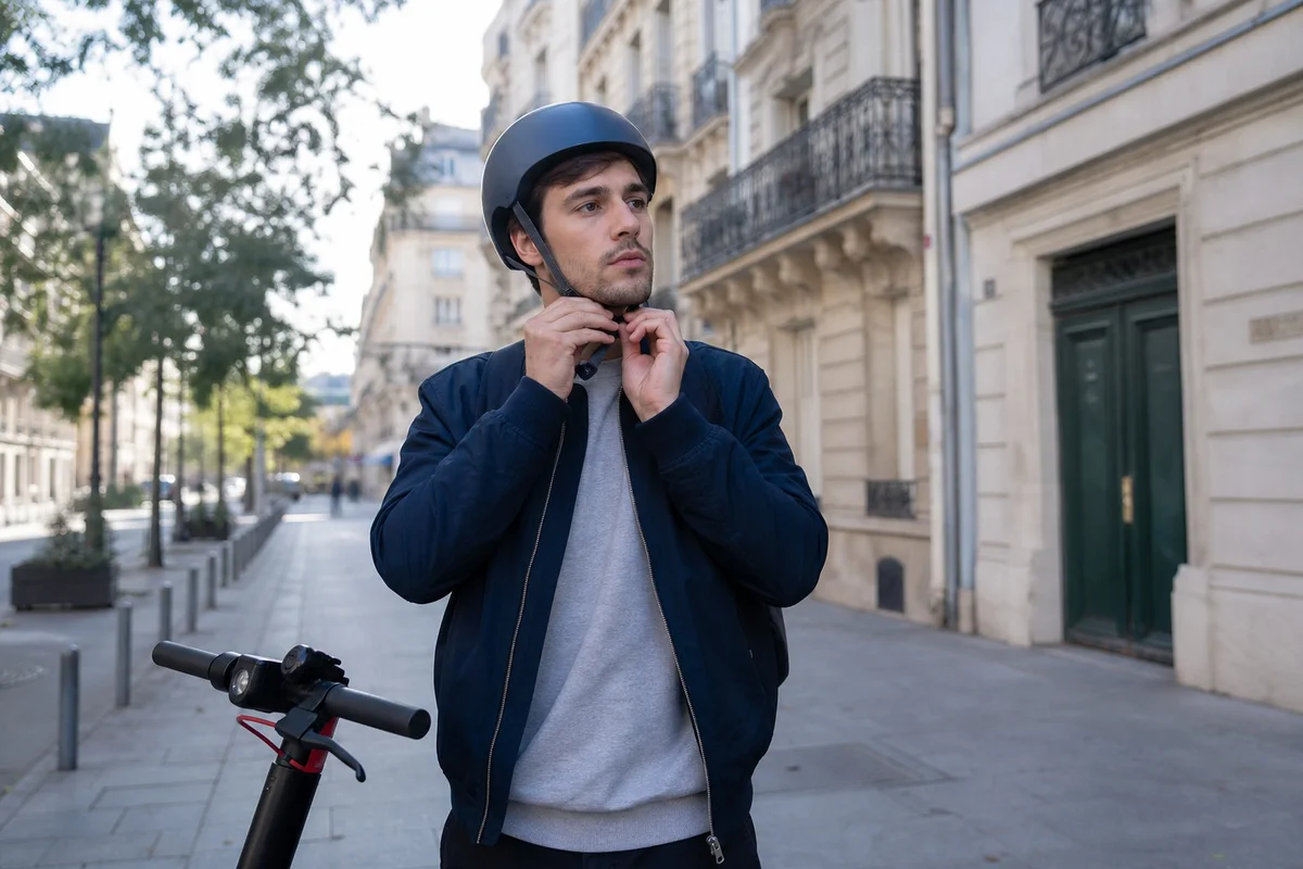 Casque trottinette électrique sécurité recommandée Personne ajustant son casque avant de conduire une trottinette électrique en ville